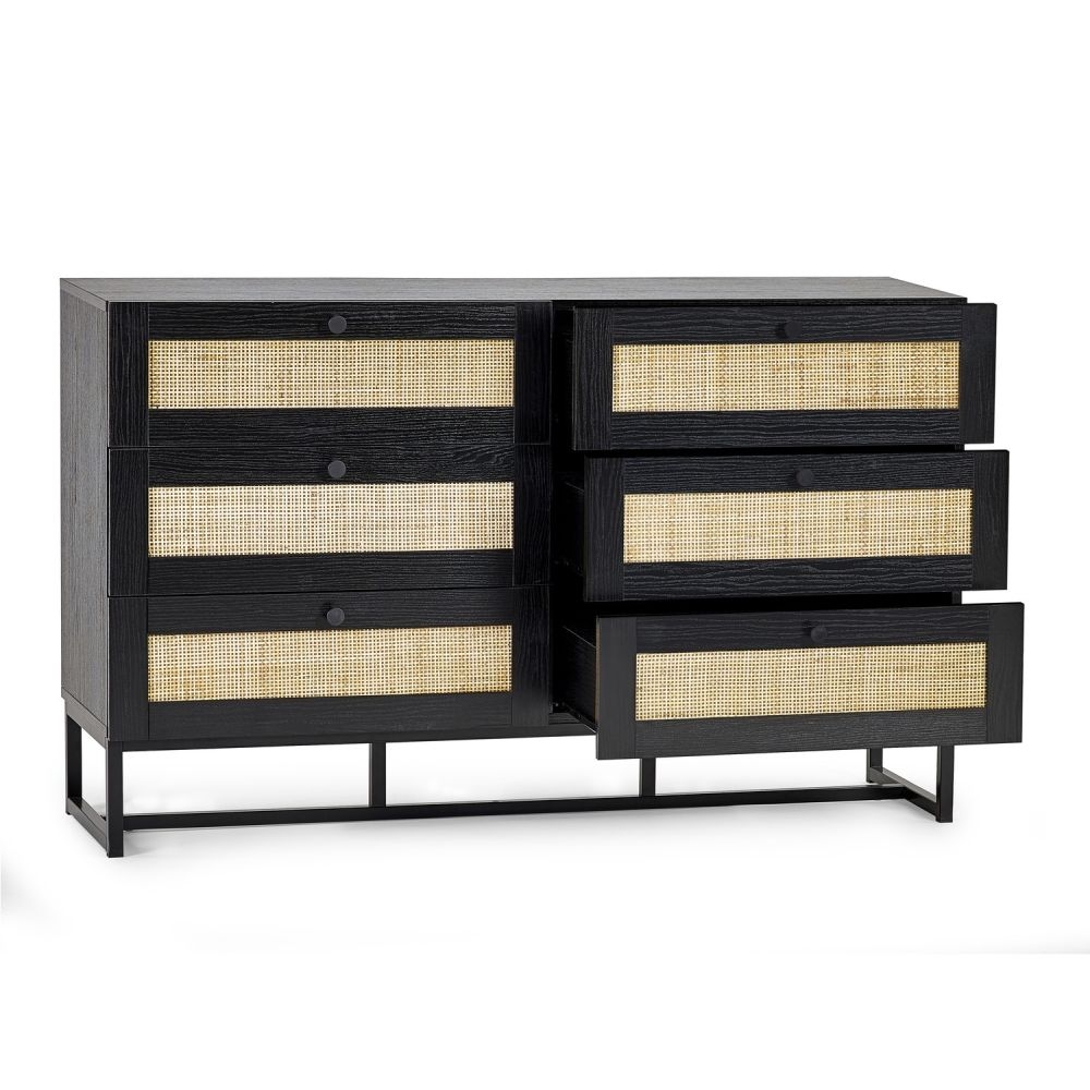 Product photograph of Padstow Black And Rattan 6 Drawer Chest from Choice Furniture Superstore.