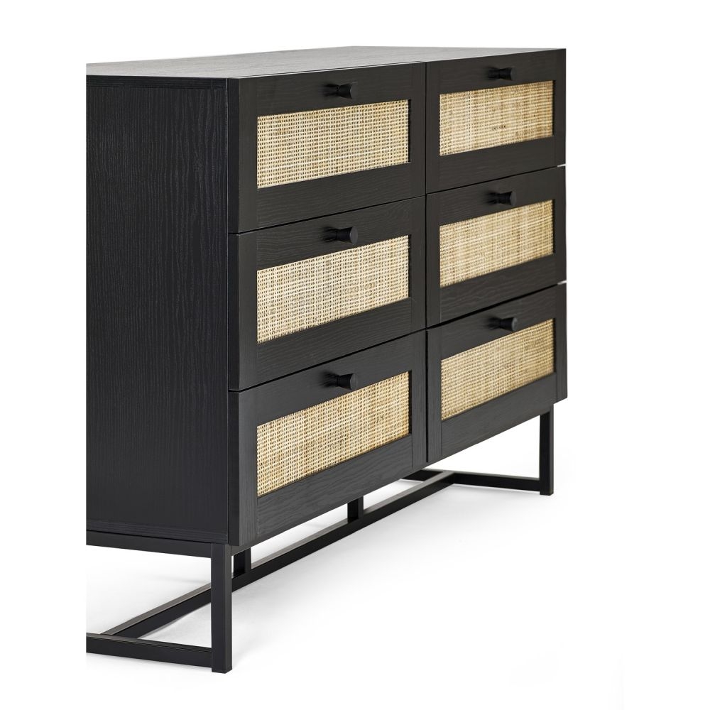 Product photograph of Padstow Black And Rattan 6 Drawer Chest from Choice Furniture Superstore.