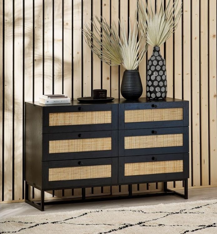 Product photograph of Padstow Black And Rattan 6 Drawer Chest from Choice Furniture Superstore.