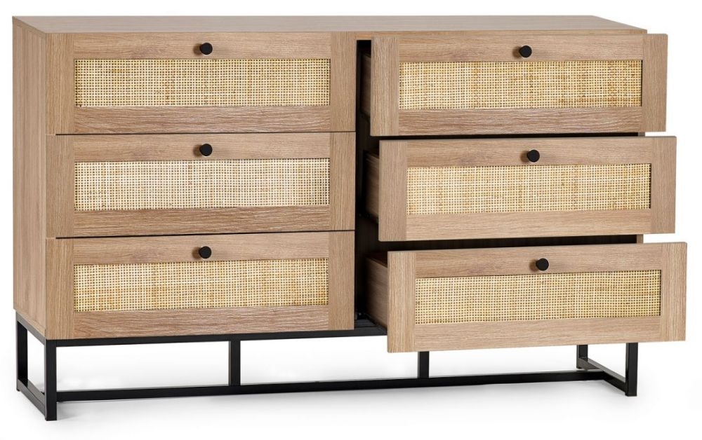 Product photograph of Padstow Oak And Rattan 6 Drawer Wide Chest from Choice Furniture Superstore.