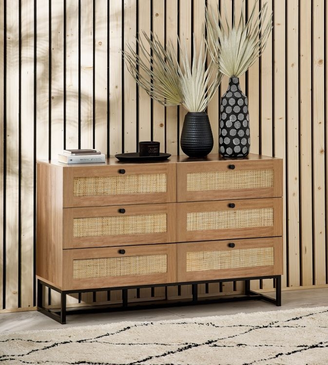 Product photograph of Padstow Oak And Rattan 6 Drawer Wide Chest from Choice Furniture Superstore.