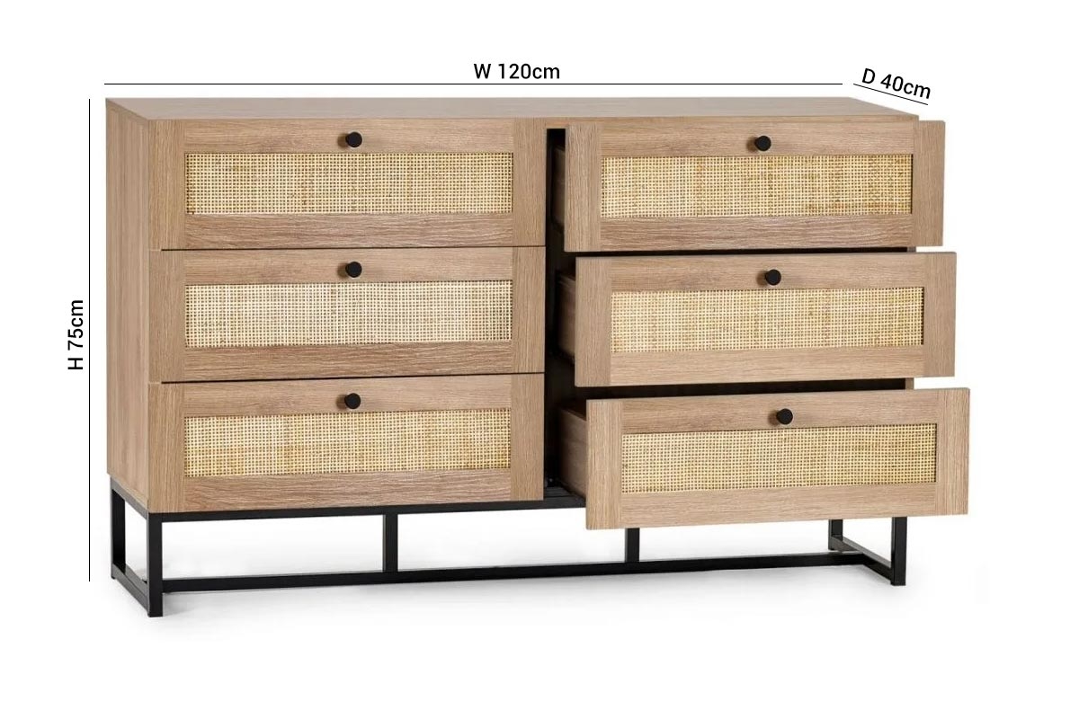 Product photograph of Padstow Oak And Rattan 6 Drawer Wide Chest from Choice Furniture Superstore.