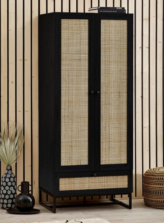 Product photograph of Padstow Black And Rattan 2 Door Combi Wardrobe from Choice Furniture Superstore.