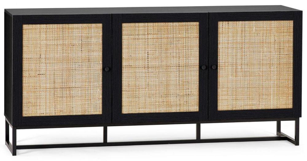 Product photograph of Padstow Black And Rattan 160cm Large Sideboard - 3 Doors from Choice Furniture Superstore.