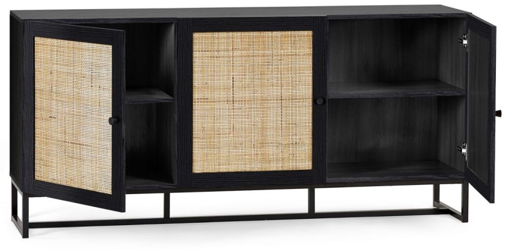Product photograph of Padstow Black And Rattan 160cm Large Sideboard - 3 Doors from Choice Furniture Superstore.