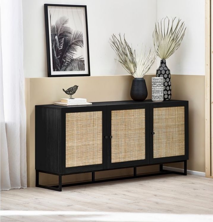 Product photograph of Padstow Black And Rattan 160cm Large Sideboard - 3 Doors from Choice Furniture Superstore.