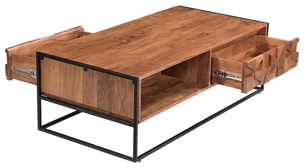 Product photograph of Axis Carved Acacia Wood 2 Drawer Coffee Table from Choice Furniture Superstore.