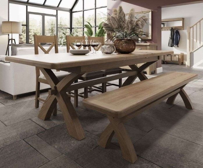 Product photograph of Hatton Smoked Oak Cross Leg Dining Bench from Choice Furniture Superstore.