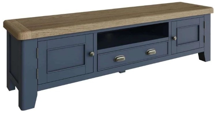 Product photograph of Ringwood Blue Painted 2 Door 1 Drawer Extra Large Tv Unit - Oak Top from Choice Furniture Superstore.