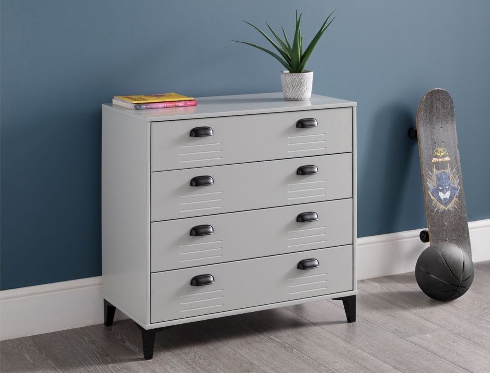 Product photograph of Lakers Grey Metal Effect Lacquer Pine 4 Drawer Bedside Cabinet from Choice Furniture Superstore.