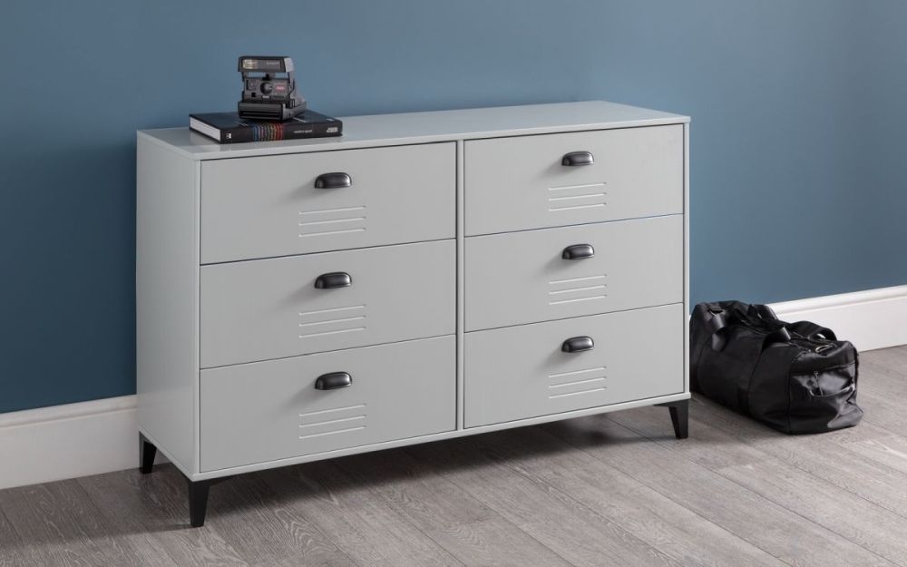 Product photograph of Lakers Grey Metal Effect Lacquer Pine 6 Drawer Chest from Choice Furniture Superstore.