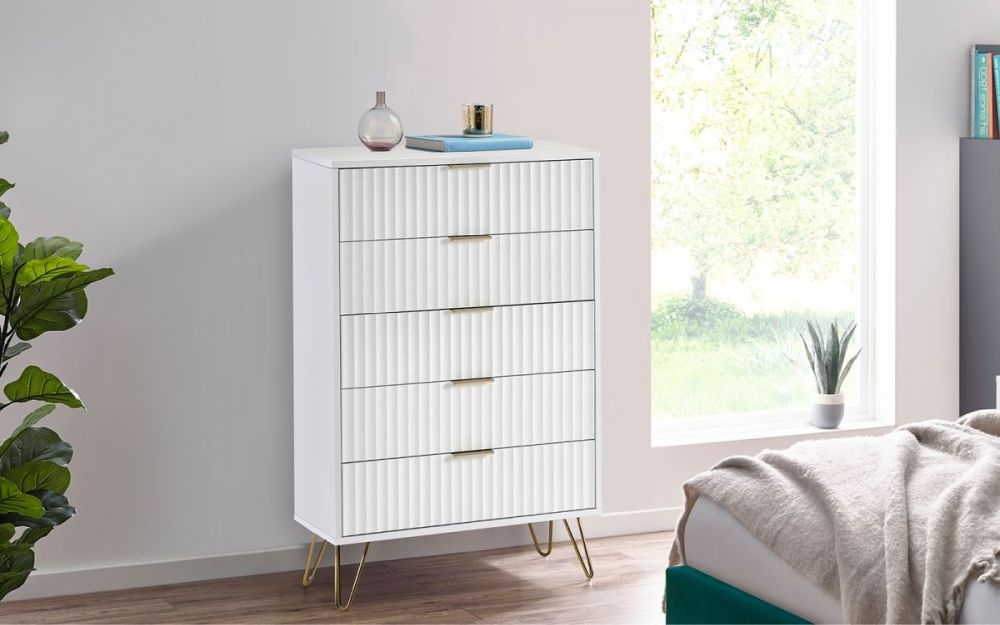 Product photograph of Murano Matte White 5 Drawer Chest from Choice Furniture Superstore.