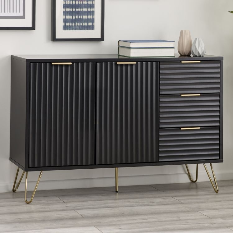 Product photograph of Murano Matte Black 2 Door 3 Drawer Sideboard Hairpin Legs from Choice Furniture Superstore.