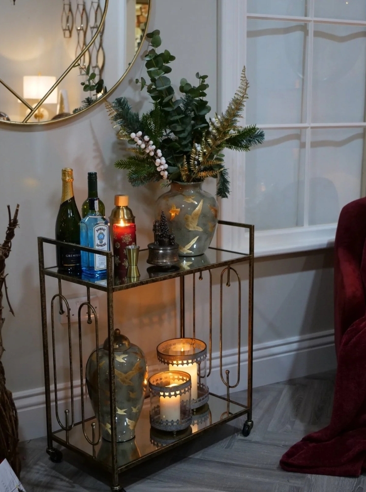 Product photograph of Mindy Brownes Estela Gold And Mirrored Drinks Trolley from Choice Furniture Superstore.