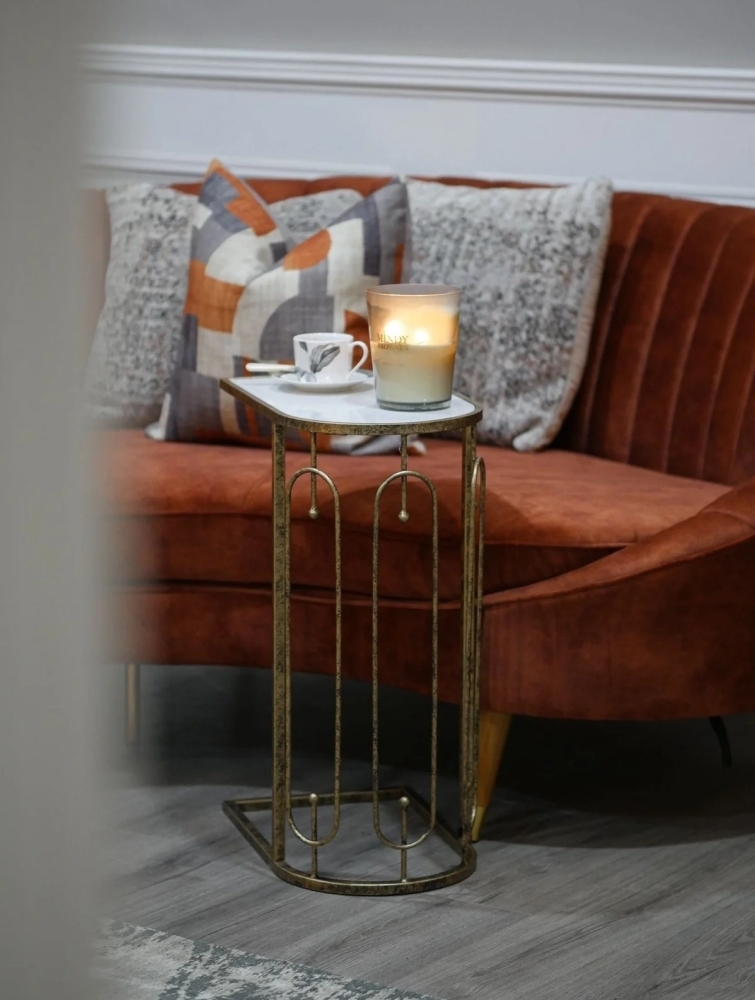 Product photograph of Mindy Brownes Estela Antique Gold Marble Sofa Side Table from Choice Furniture Superstore.