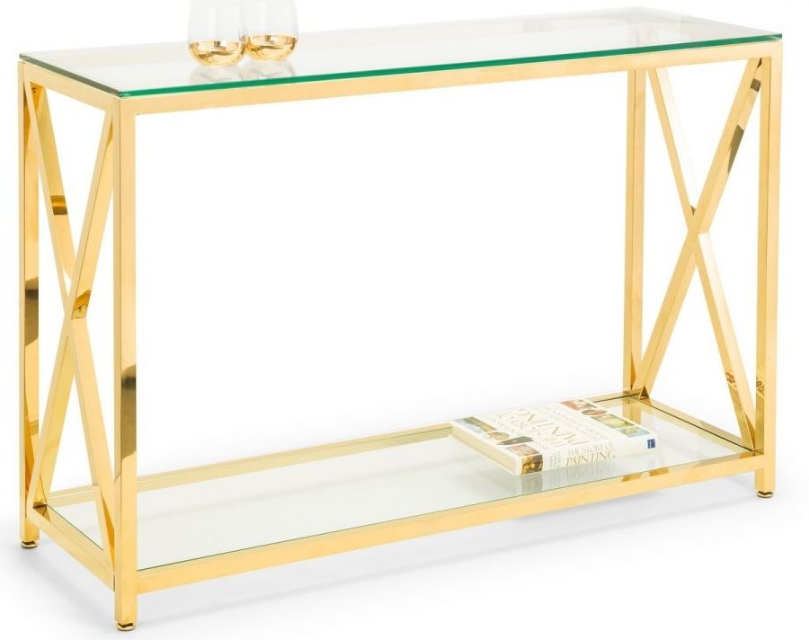 Product photograph of Miami Glass And Gold 120cm Console Table from Choice Furniture Superstore.