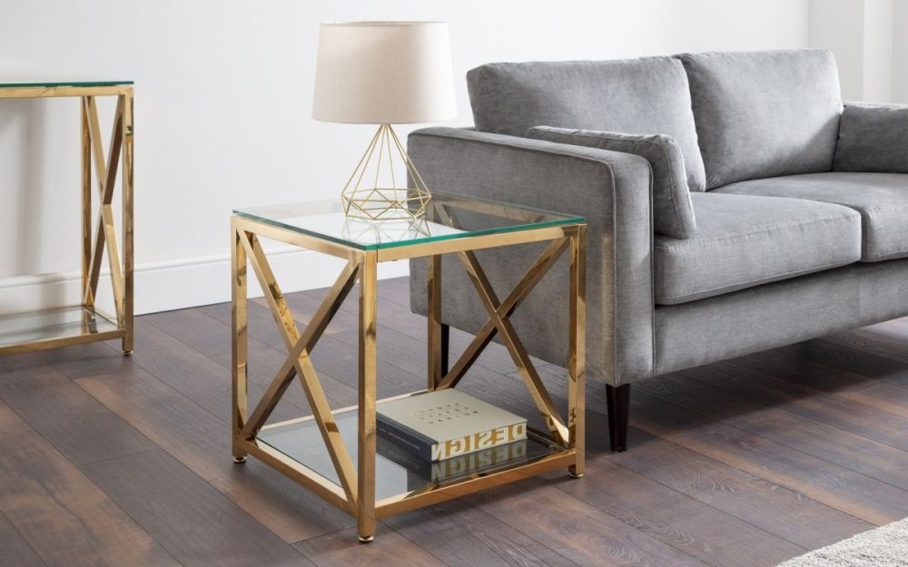 Product photograph of Miami Glass And Gold Square Lamp Table from Choice Furniture Superstore.