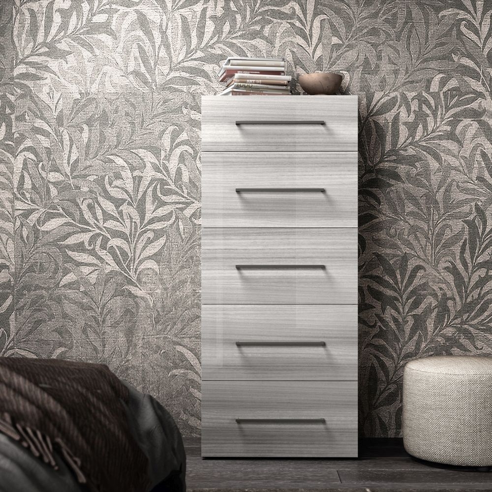 Status Mia Night Silver Grey Italian 5 Drawer Chest with Handles