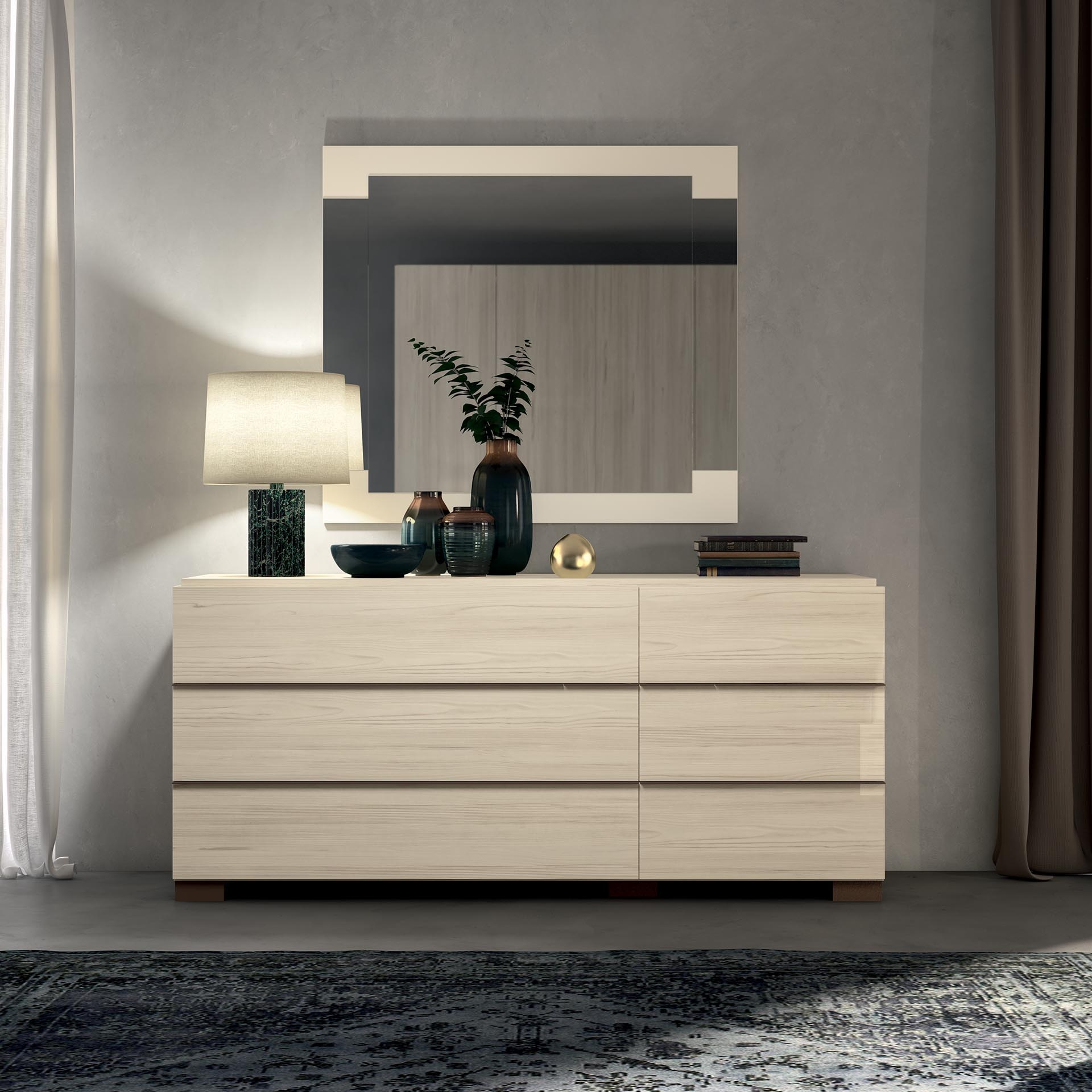 Product photograph of Status Perla Night White Larch Italian 6 Drawer Double Dresser from Choice Furniture Superstore.