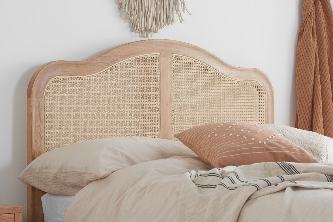 Product photograph of Leonie Oak Rattan Bed - Sizes Available from Choice Furniture Superstore.