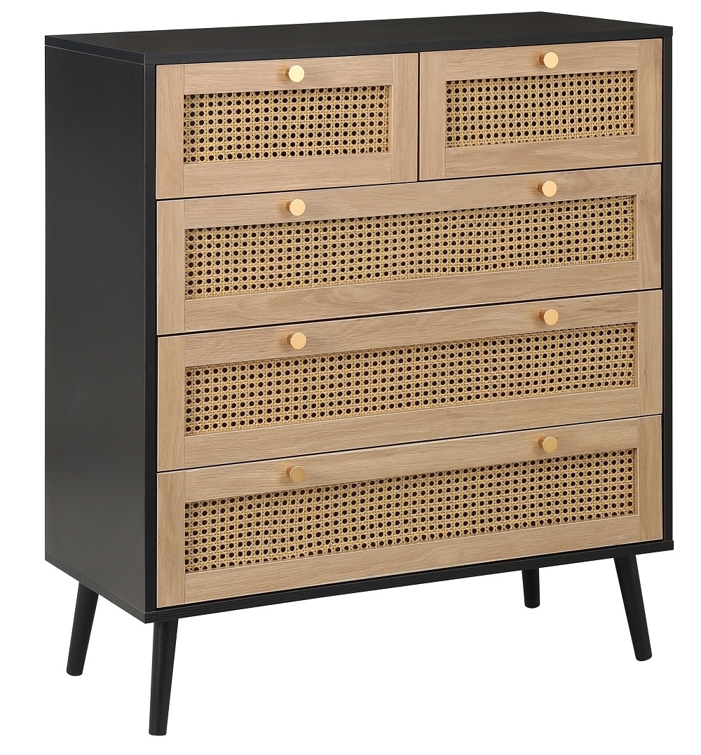 Product photograph of Birlea Croxley Oak And Black 5 Drawer Rattan Chest from Choice Furniture Superstore.