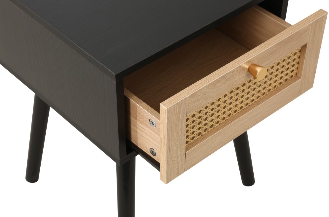 Product photograph of Birlea Croxley Oak And Black 1 Drawer Rattan Bedside Table from Choice Furniture Superstore.