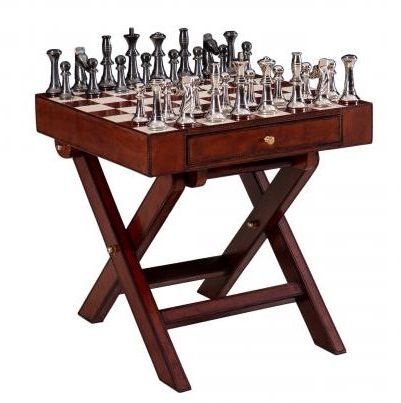 Product photograph of Mysore Handcrafted Leather Cognac Chess Set With Table from Choice Furniture Superstore.
