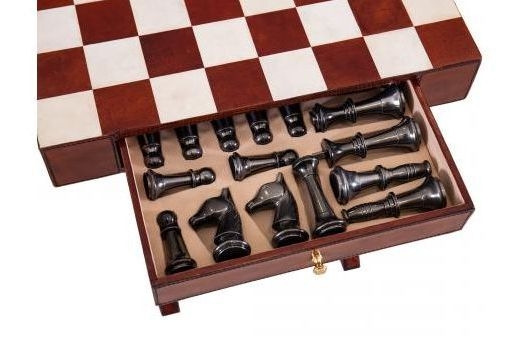 Product photograph of Mysore Handcrafted Leather Cognac Chess Set With Table from Choice Furniture Superstore.