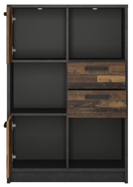 Product photograph of Brooklyn Low Bookcase With 2 Door 2 Drawer In Walnut And Dark Matera Grey from Choice Furniture Superstore.
