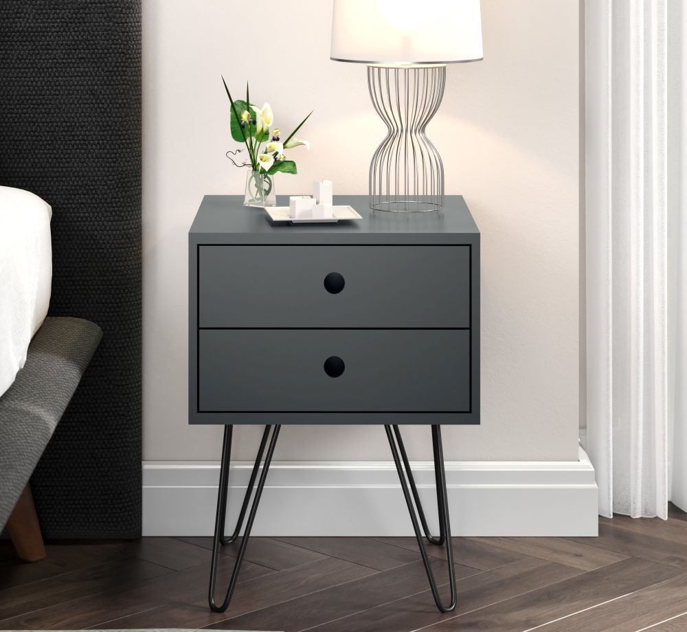 Product photograph of Hemnes Midnight Blue Telford Metal Leg 2 Drawer Bedside Cabinet from Choice Furniture Superstore.