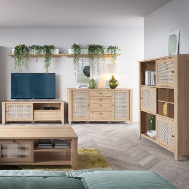 Product photograph of Cestino Oak And Rattan Effect Large Sideboard - 2 Doors from Choice Furniture Superstore.