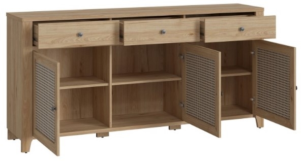 Product photograph of Cestino Oak And Rattan Effect Extra Large Sideboard - 3 Doors from Choice Furniture Superstore.
