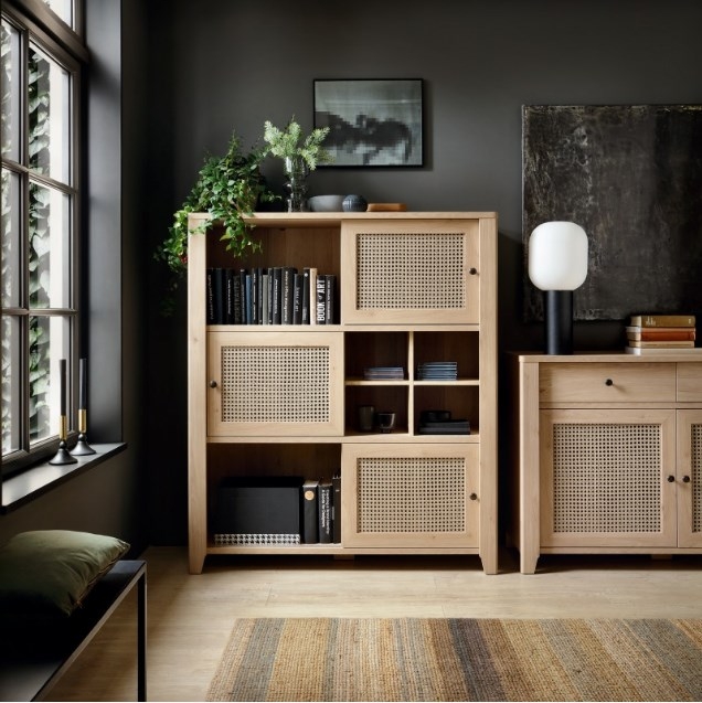 Product photograph of Cestino Oak And Rattan Effect Extra Large Sideboard - 3 Doors from Choice Furniture Superstore.