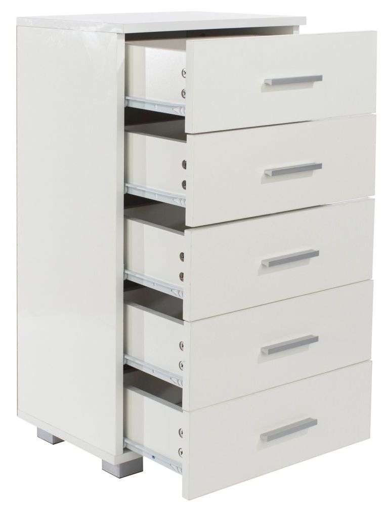 Product photograph of Lido White High Gloss 5 Drawer Narrow Chest from Choice Furniture Superstore.