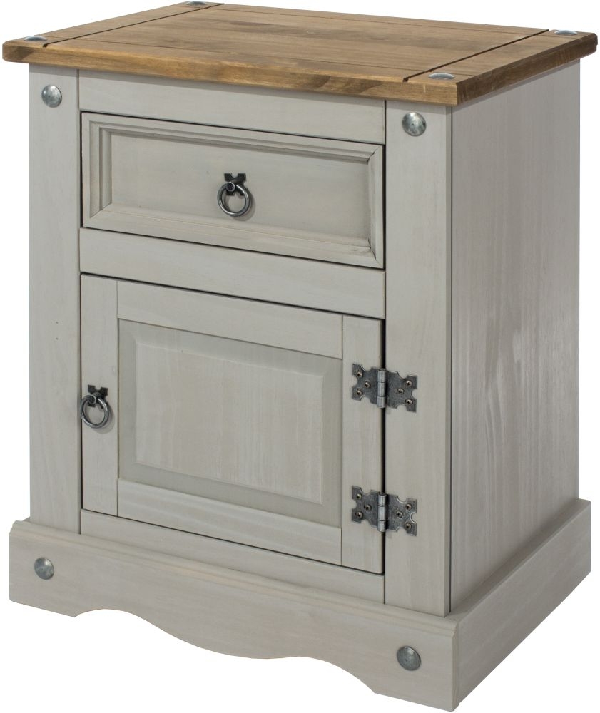 Product photograph of Norco Grey Mexican Pine 1 Door 1 Drawer Bedside Cabinet from Choice Furniture Superstore.