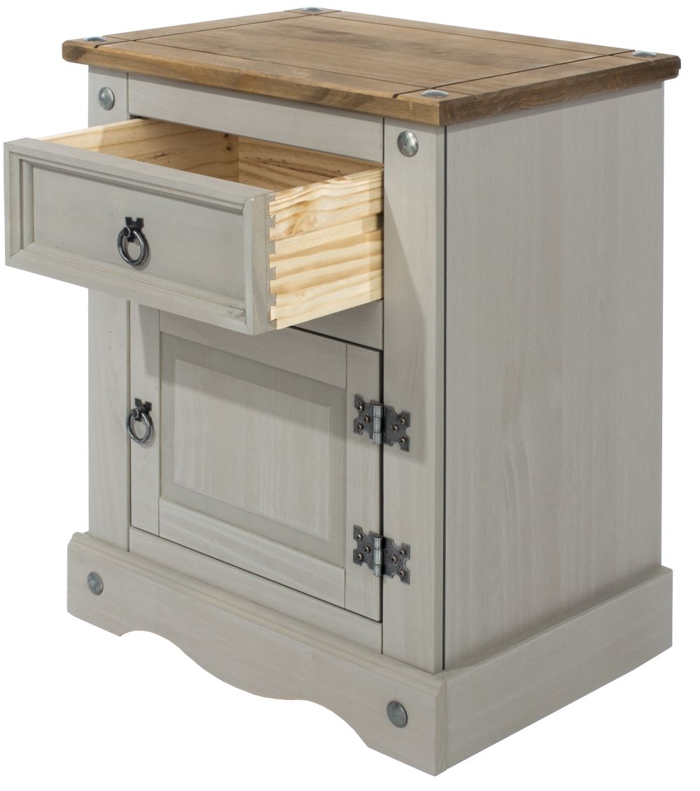 Product photograph of Norco Grey Mexican Pine 1 Door 1 Drawer Bedside Cabinet from Choice Furniture Superstore.