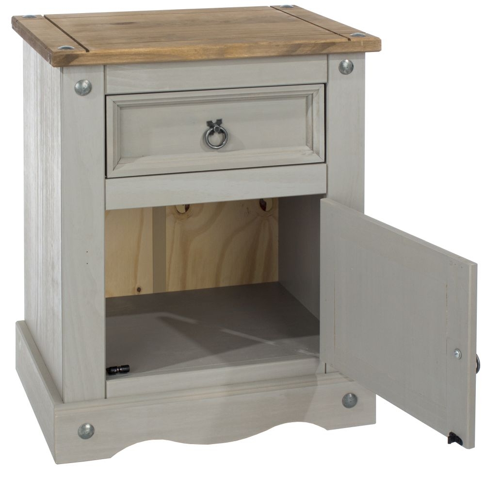 Product photograph of Norco Grey Mexican Pine 1 Door 1 Drawer Bedside Cabinet from Choice Furniture Superstore.