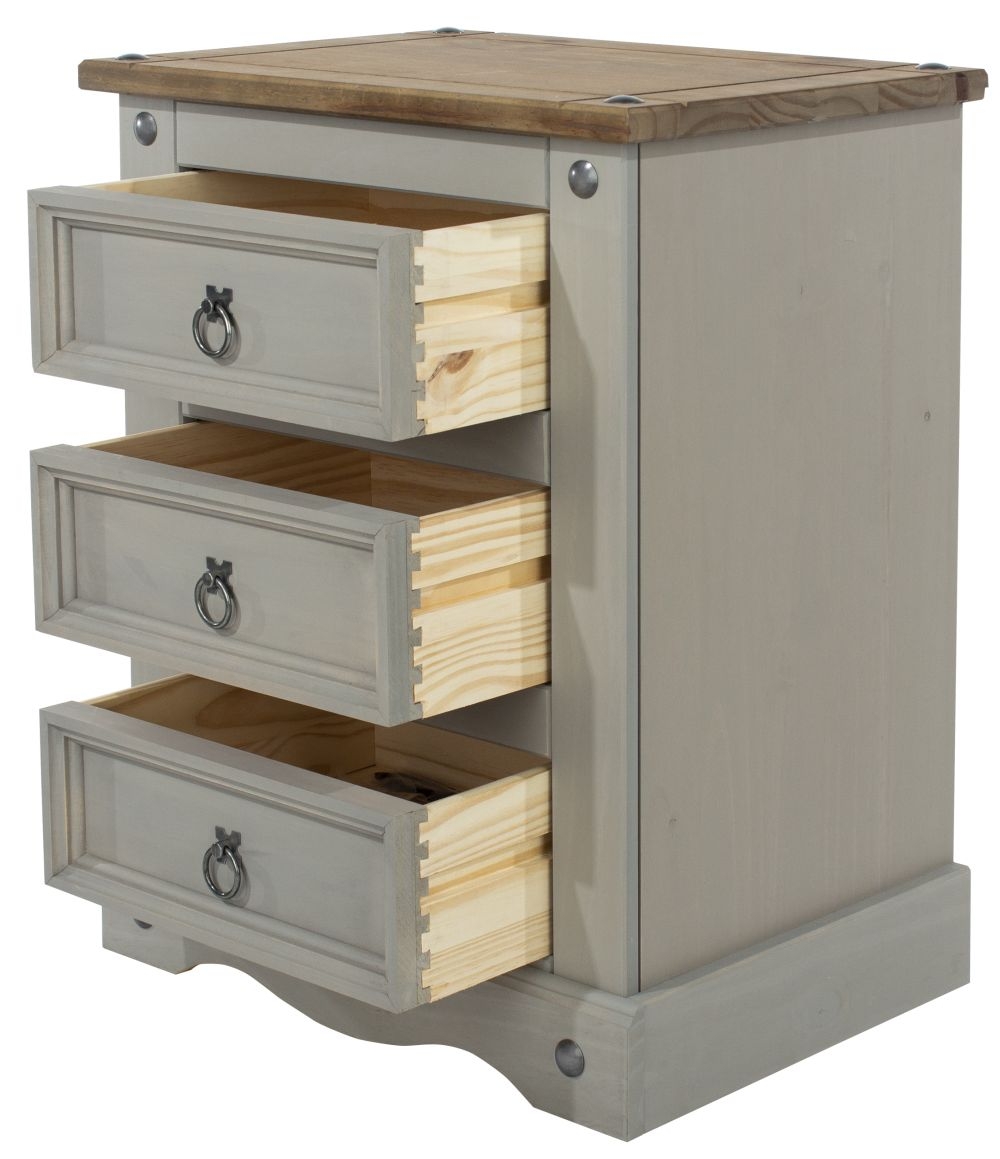 Product photograph of Norco Grey Mexican Pine 3 Drawer Bedside Cabinet from Choice Furniture Superstore.