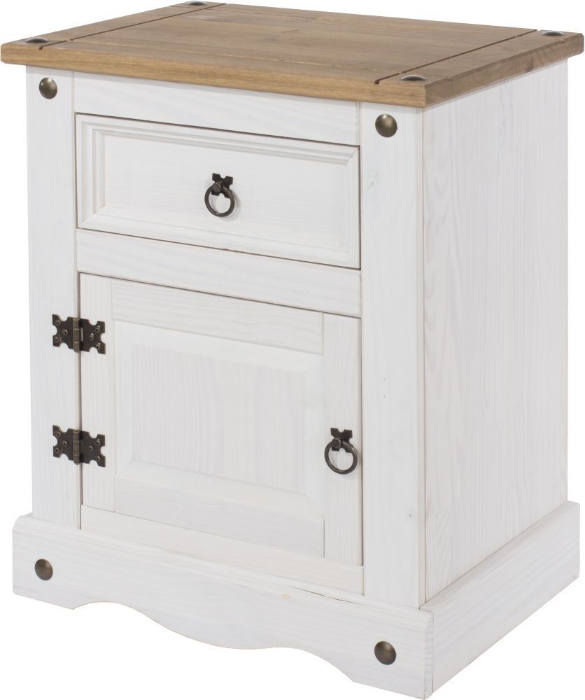 Product photograph of Corona White Mexican Pine 1 Door 1 Drawer Bedside Cabinet from Choice Furniture Superstore.