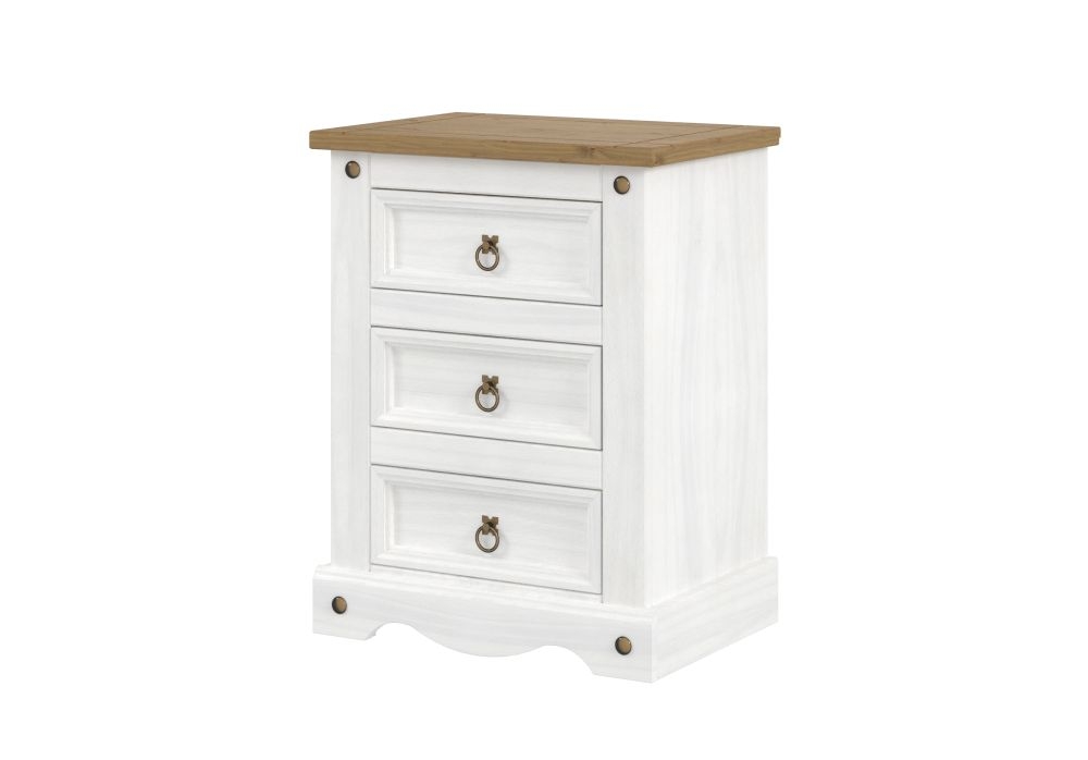 Product photograph of Corona White Mexican 3 Drawer Bedside Cabinet from Choice Furniture Superstore.