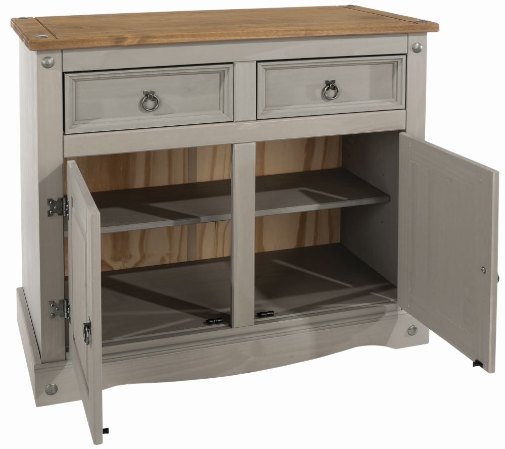 Product photograph of Corona Grey Mexican Pine 2 Door Small Sideboard from Choice Furniture Superstore.