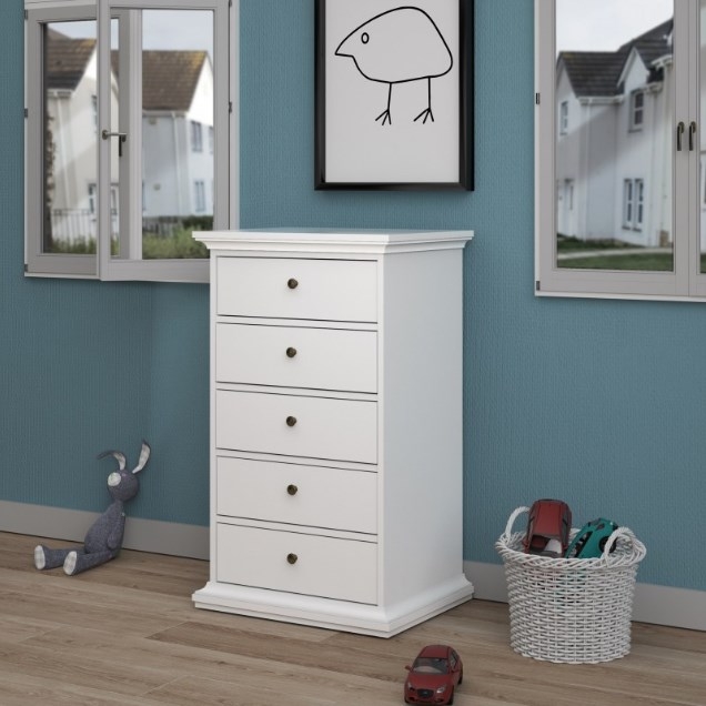 Product photograph of Paris White 5 Drawer Narrow Chest from Choice Furniture Superstore.