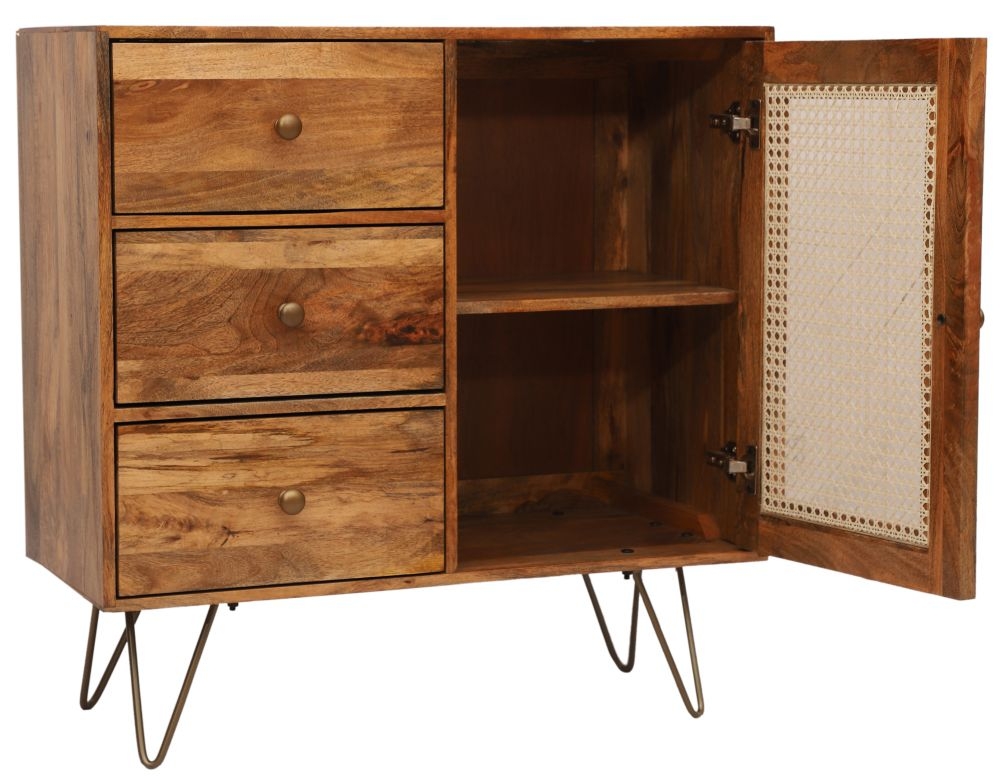 Product photograph of Solan Mango Wood With Rattan 90cm Small Sideboard - Hairpin Legs from Choice Furniture Superstore.