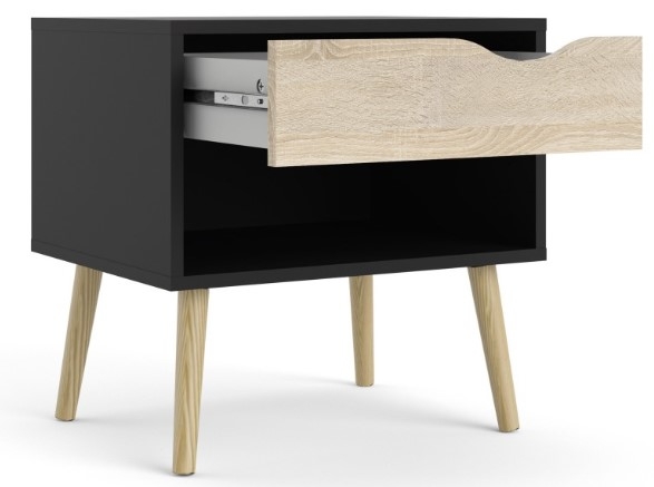 Product photograph of Oslo Black And Oak Effect 1 Drawer Bedside Table from Choice Furniture Superstore.