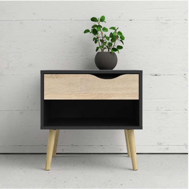 Product photograph of Oslo Black And Oak Effect 1 Drawer Bedside Table from Choice Furniture Superstore.