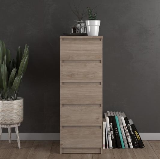 Product photograph of Naia Narrow Chest Of 5 Drawer In Jackson Hickory Oak from Choice Furniture Superstore.