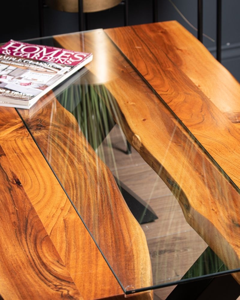 Product photograph of Live Edge Glass Inlay Coffee Table - Acacia Wood And Metal from Choice Furniture Superstore.