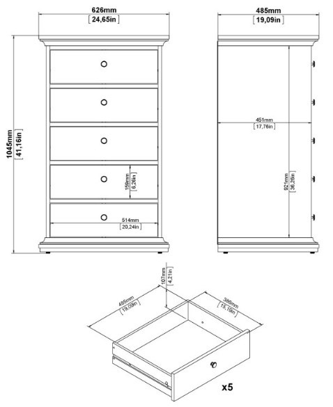 Product photograph of Paris Grey 5 Drawer Narrow Chest from Choice Furniture Superstore.
