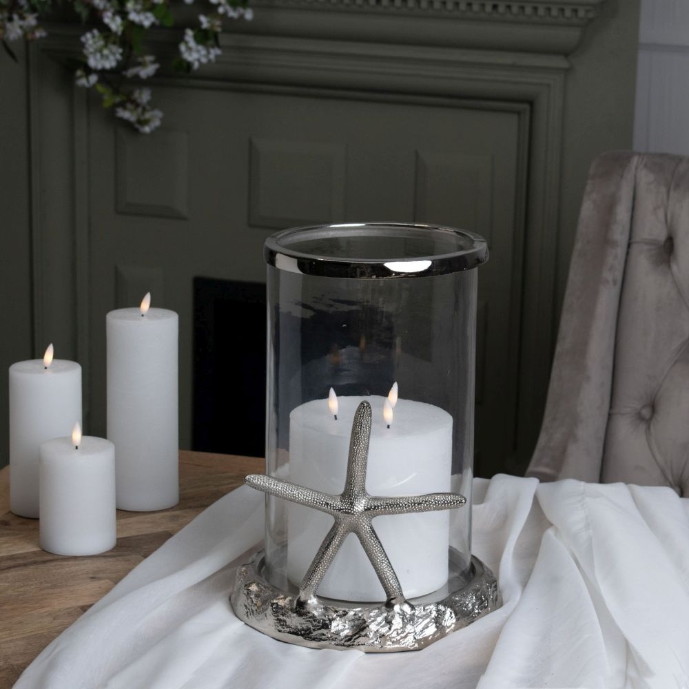 Product photograph of Silver Starfish Candle Hurricane Lantern from Choice Furniture Superstore.