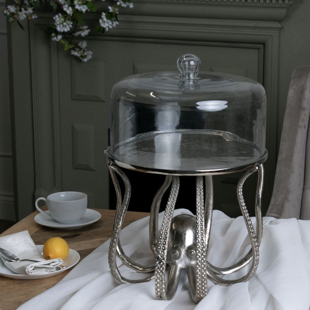 Product photograph of Large Silver Octopus Cake Stand Cloche from Choice Furniture Superstore.